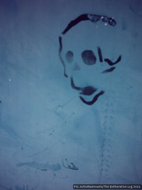 Skull stencil on a telephone utility box