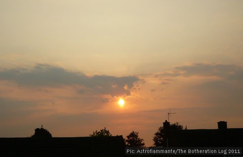 Sunset over houses and trees