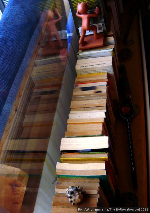 Row of books and anthropoMorph-ic bookend reflected in glass