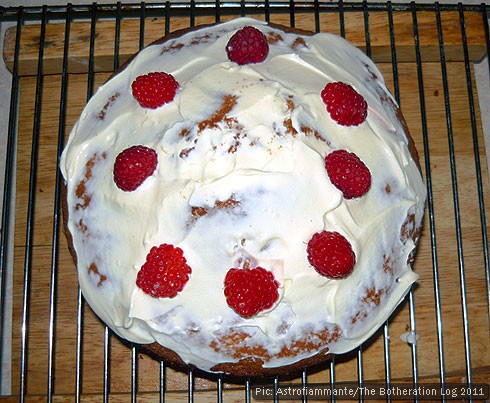 A sponge cake decorated with raspberries and cream