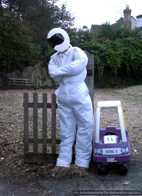 Scarecrow dressed as BBC TV character The Stig