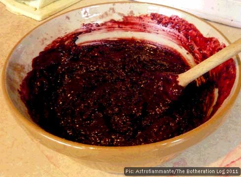 Chocolate and beetroot cake mixture in an old-fashioned ceramic bowl