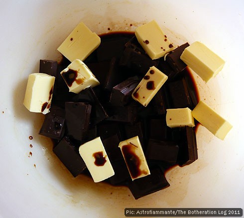 Chocolate, butter and coffee in a mixing bowl