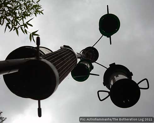 Bird feeders against a cloudy sky