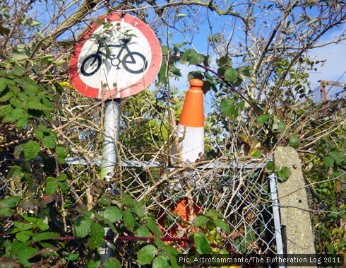 Traffic cone thrown over fence and into bushes beside a 'no cycling' sign