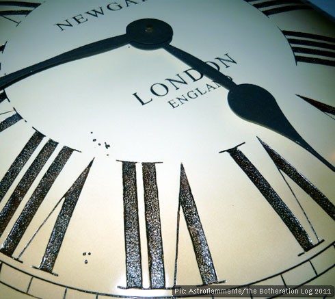 Section of clock face with Roman numerals and hands at a quarter to six