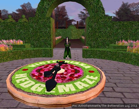An avatar in a virtual world posing by a working representation of a floral clock