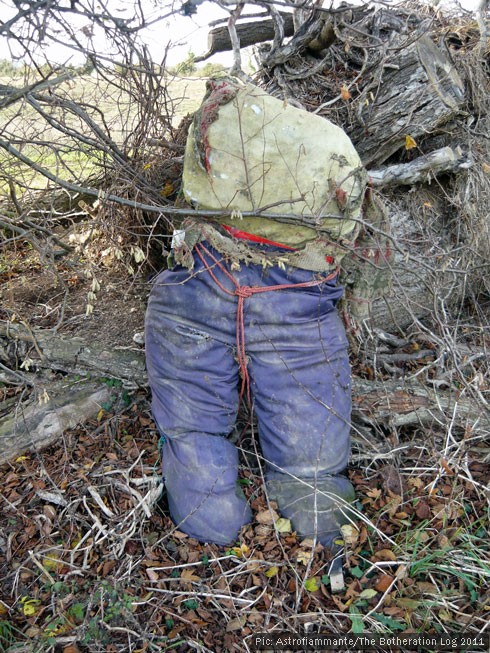 Torso of an abandoned scarecrow propped against logs