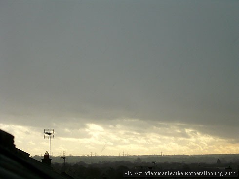 Grey sky with pale clouds near the horizon