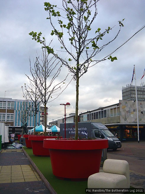 Tree saplings planted in giant red flowerpots in a town centre