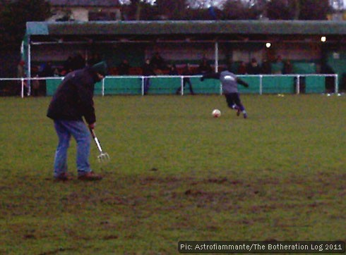 Our local football club: groundsman on at half time