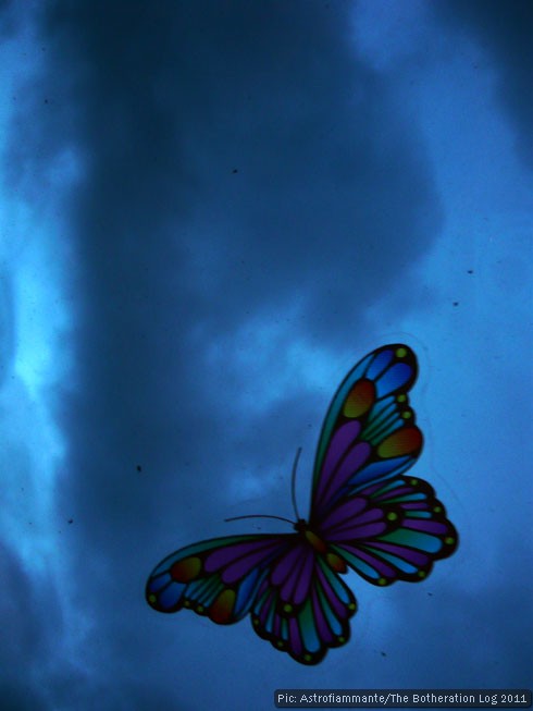 Butterfly window sticker against a dark, cloudy sky.