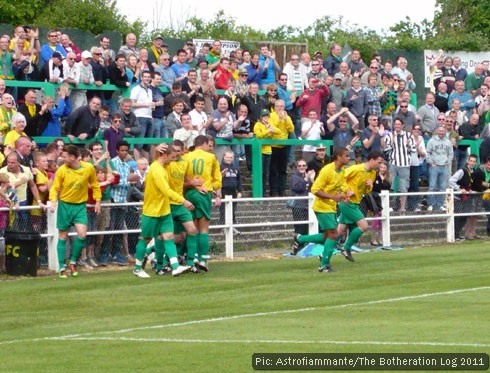 Footballers celebrating with home fans after a goal