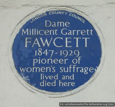 Blue plaque on the home of Dame Millicent Garrett Fawcett in Bloomsbury, London