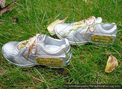 Running trophies in the shape of training shoes on a grassy lawn