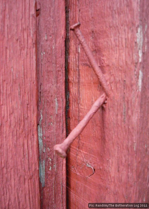 Two nails stuck in a fence