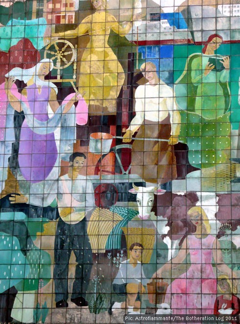 Mural depicting people practising various historic trades overlooking Town Square, Stevenage
